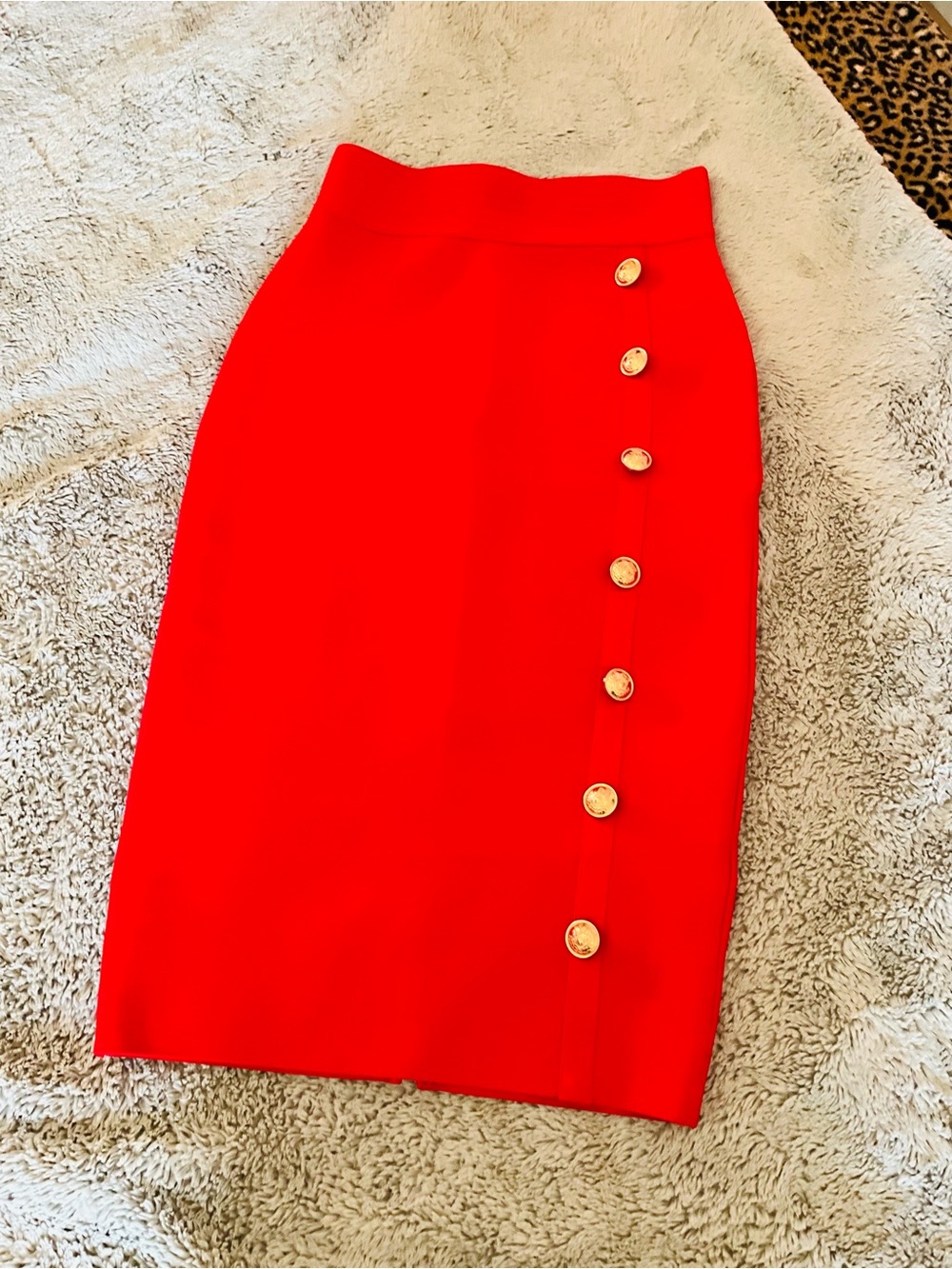 Red Gold Button Pencil Skirt - Picture 12 of 14